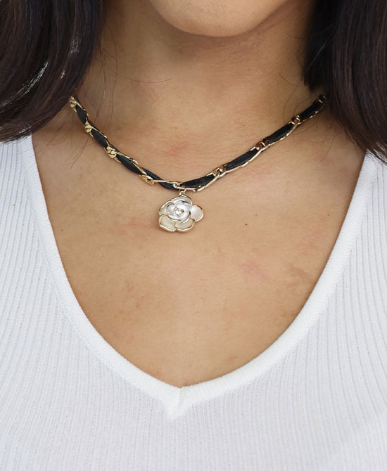 Faux Leather Chain Rose Pendant Necklace view 