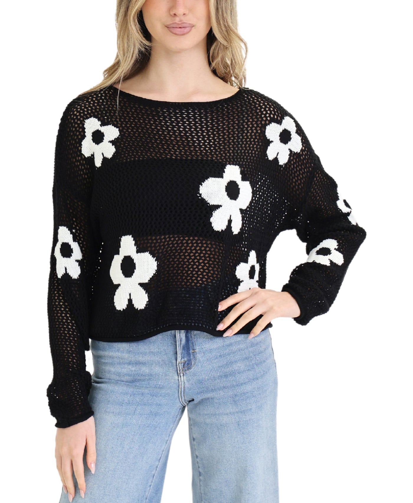 Crochet Knit Sweater w/ Flowers view 1