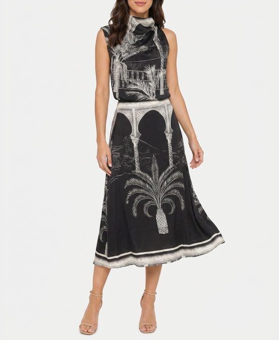 
Printed Asymmetrical Top & Midi Skirt Set- 2 Pc Set in BLACK/IVORY view 1