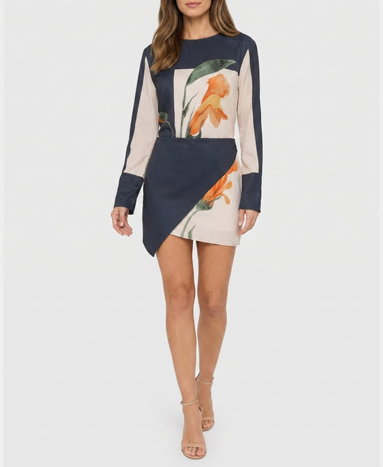 
Floral Print Dress w/ Seperate Sash Overlay in GREY MULTI view 1