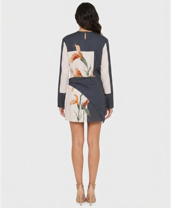 
Floral Print Dress w/ Seperate Sash Overlay in GREY MULTI view 2