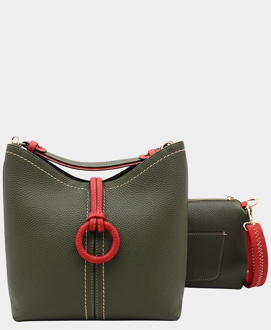
2in1 Faux Leather Hobo Handbag in DARK GREEN/RED view 2