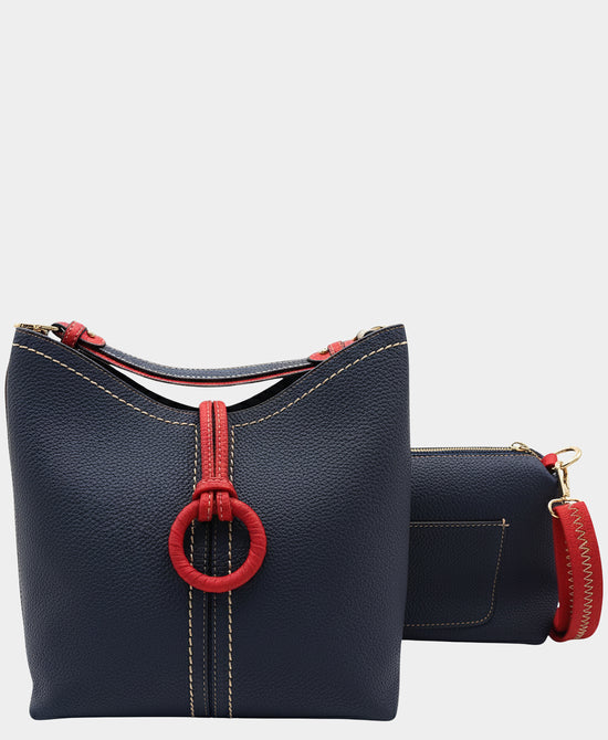 
2in1 Faux Leather Hobo Handbag in NAVY/RED view 2