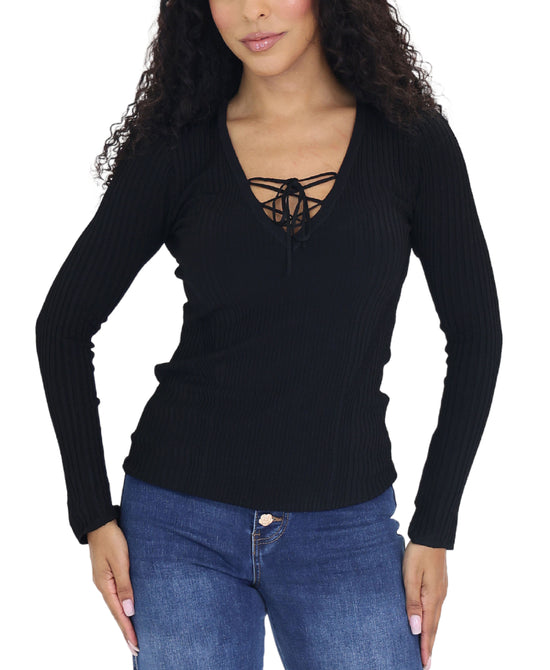 Ribbed Sweater w/ Tie Front view 