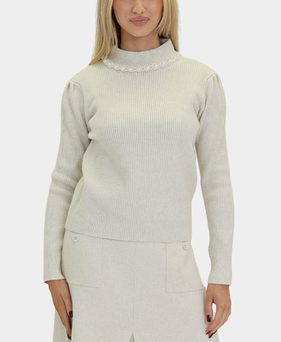 Soft Feel Ribbed Sweater w/ Pearl Trim image 1