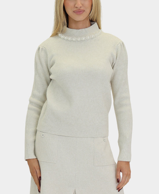 Soft Feel Ribbed Sweater w/ Pearl Trim view 
