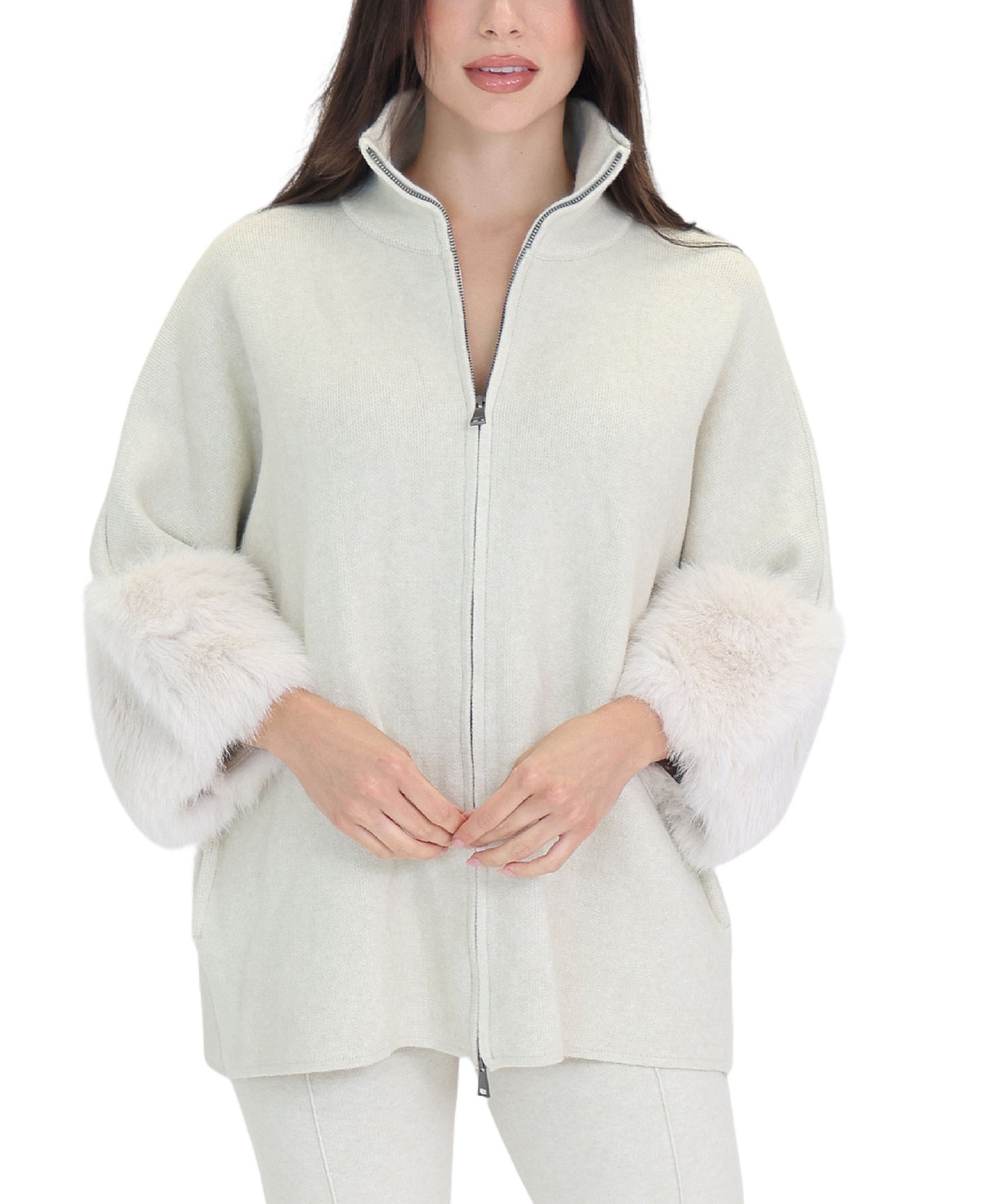 Sweater Jacket w/ Faux Fur Cuffs view 1