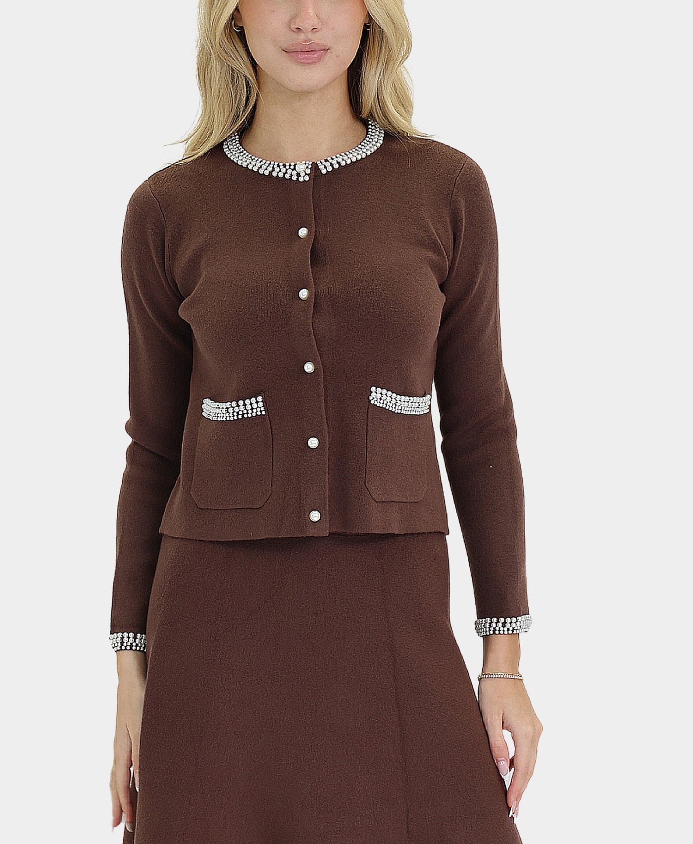 Soft Feel Cardigan Sweater w/ Pearl Trim