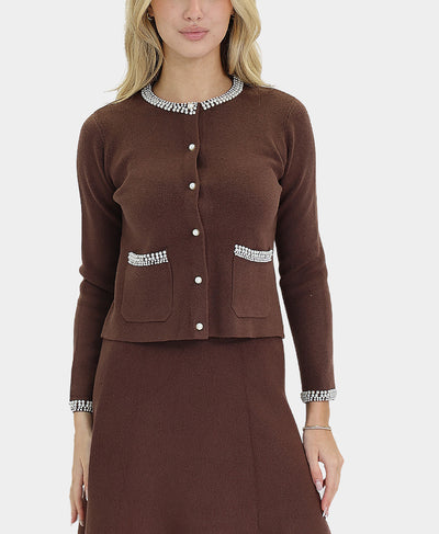 Soft Feel Cardigan Sweater w/ Pearl Trim