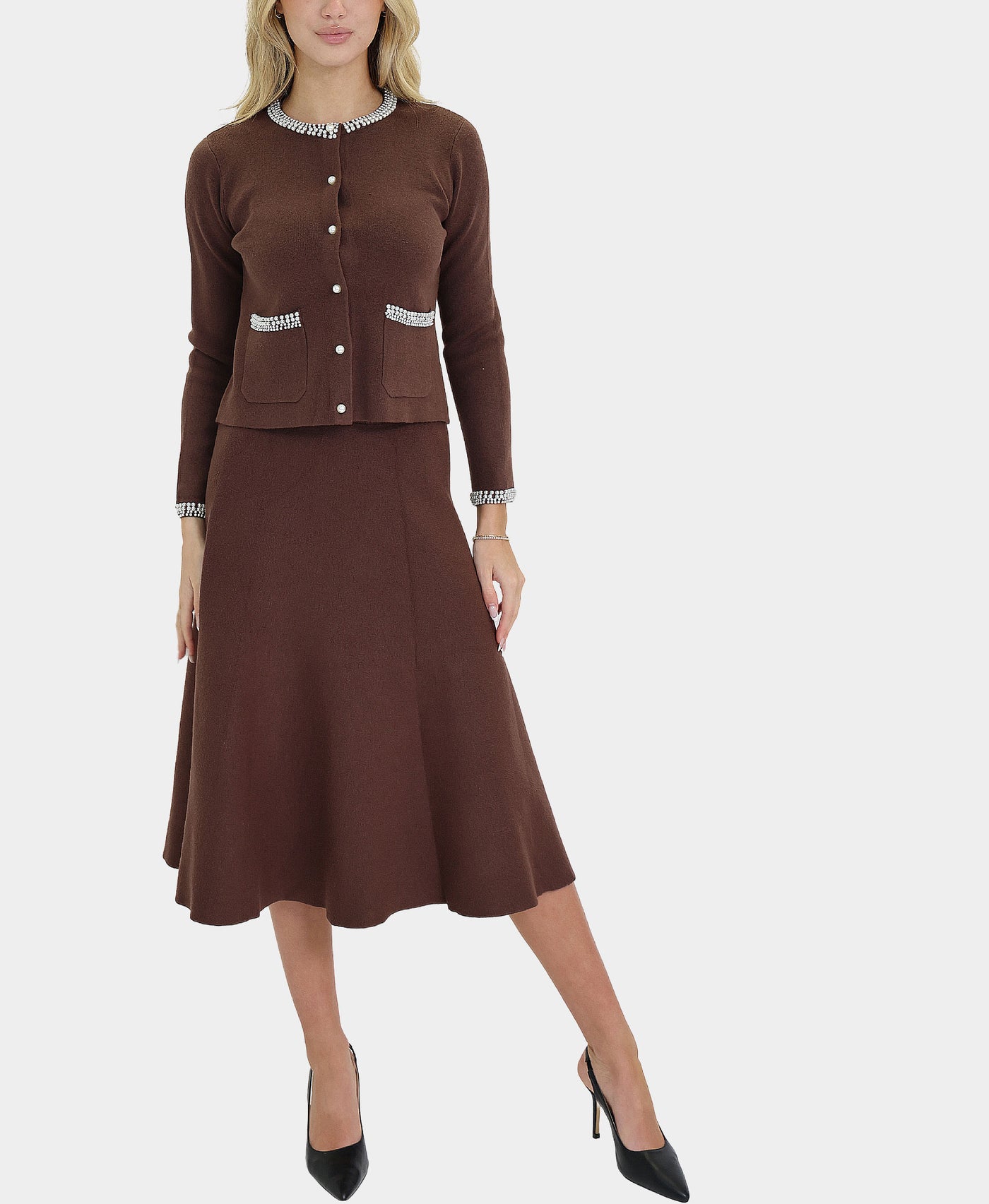 Soft Feel Cardigan Sweater w/ Pearl Trim