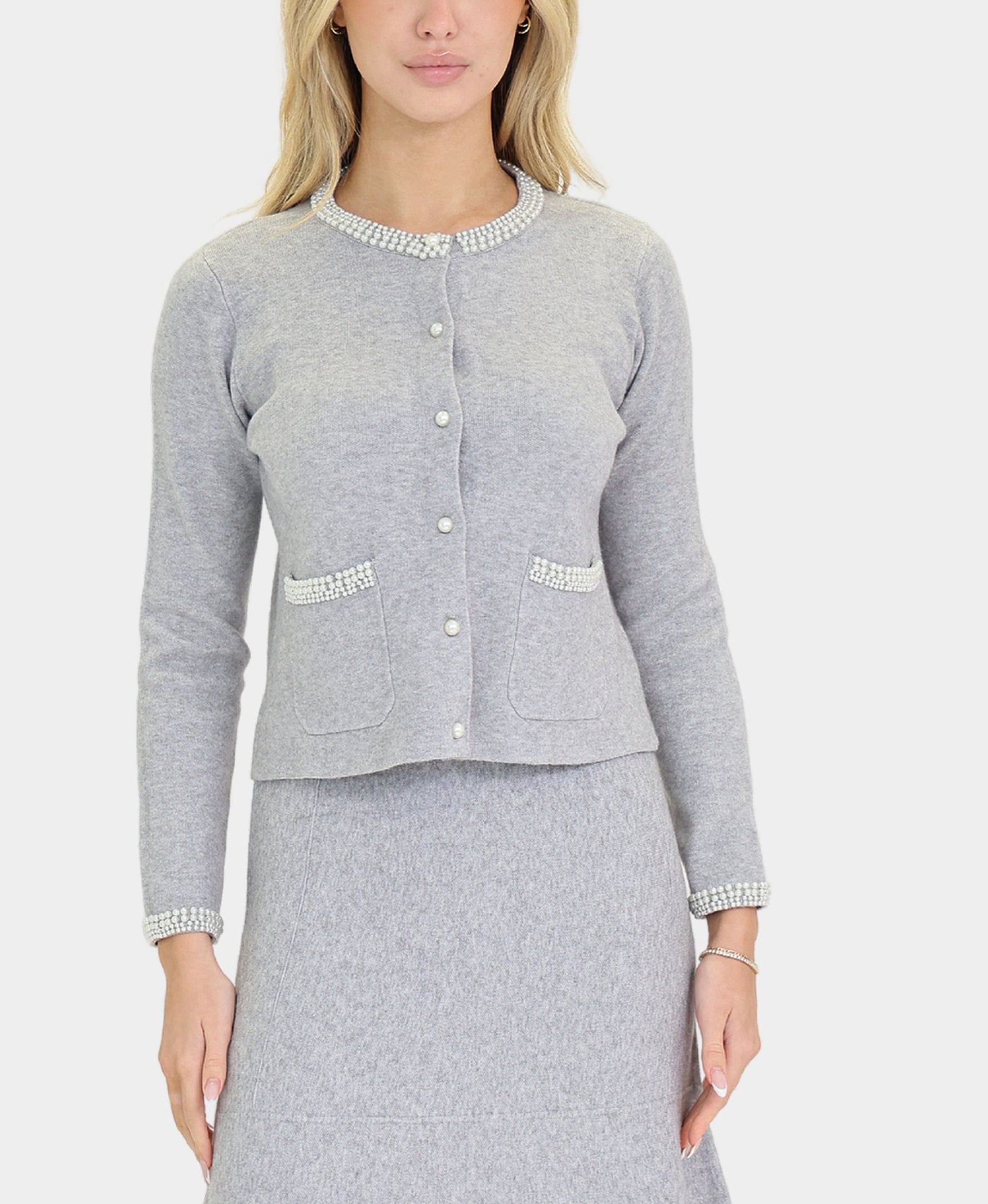 Soft Feel Cardigan Sweater w/ Pearl Trim