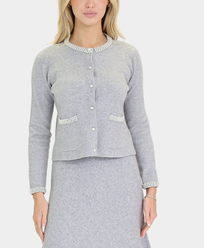 Soft Feel Cardigan Sweater w/ Pearl Trim