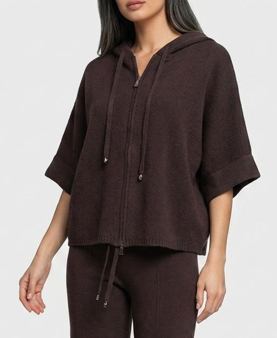 
Plush Knit Zip-Up Hooded Sweater in BROWN view 1