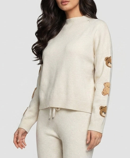 
Plush Knit Sweater w/ Teddy Bear Patches in CREAM view 2