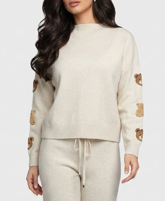 
Plush Knit Sweater w/ Teddy Bear Patches in CREAM view 1