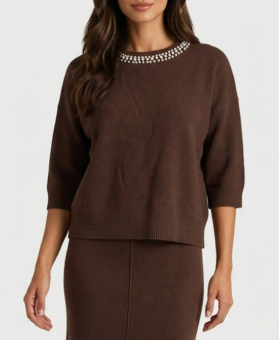 
Plush Knit Sweater w/ Pearl Trim in BROWN view 1