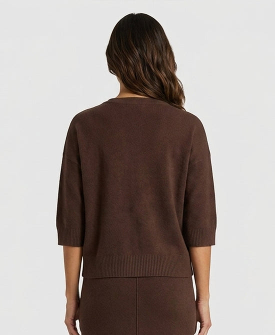 
Plush Knit Sweater w/ Pearl Trim in BROWN view 2