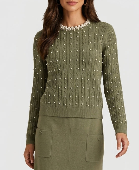 
Plush Cable Knit Sweater w/ Pearl Trim in OLIVE view 1