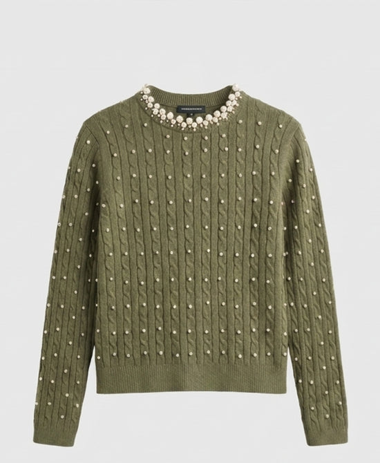 
Plush Cable Knit Sweater w/ Pearl Trim in OLIVE view 2
