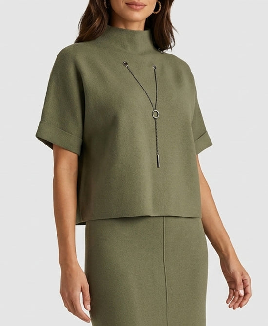 
Plush Knit Sweater w/ Chain Detail in OLIVE view 1