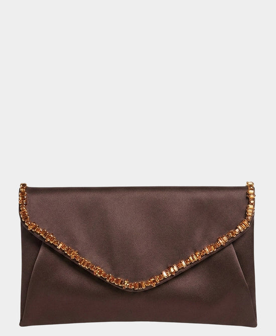 
Satin Envelope Clutch Bag w/ Crystals in BROWN view 1