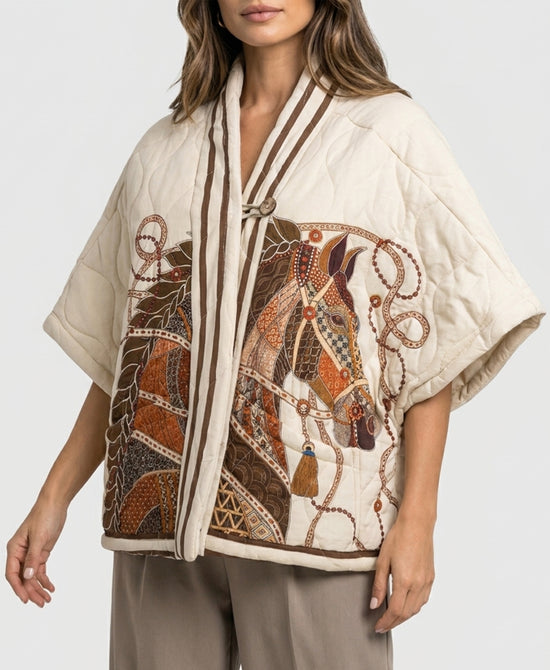 
Horse Print Quilted Short Sleeve Vest in ECRU/BROWN view 1