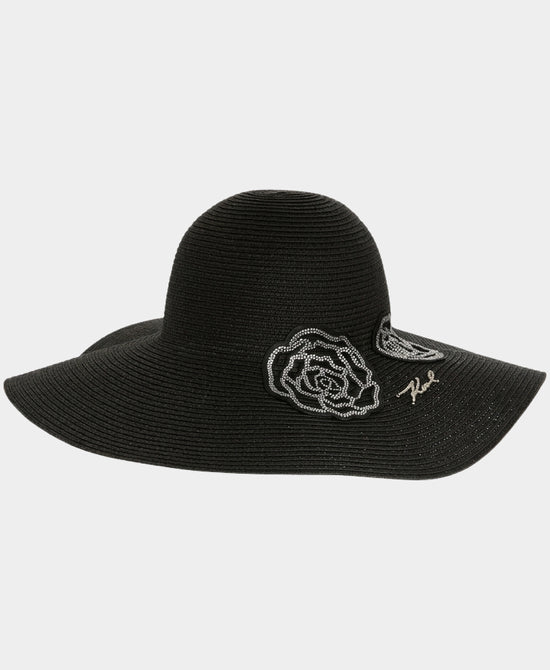
Straw Hat w/ Crystal Rose Detail in BLACK view 2