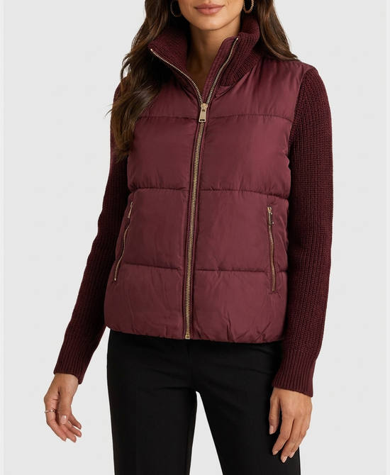 
Puffer Jacket w/ Knit Sleeves in WINE view 1
