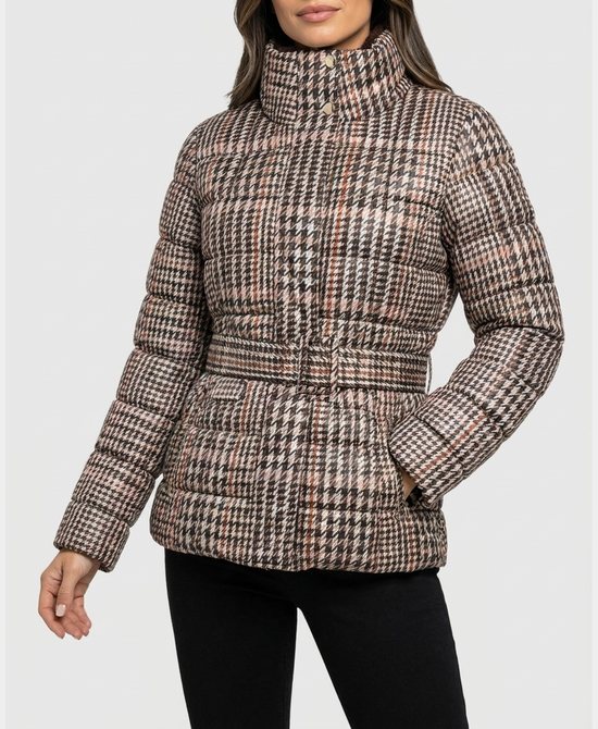 
Printed Puffer Jacket w/ Knit Collar in BROWN MULTI view 1