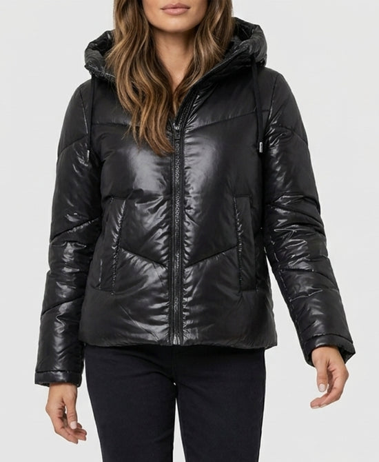 
Puffer Jacket w/ Faux Fur Trim & Hood in BLACK view 1