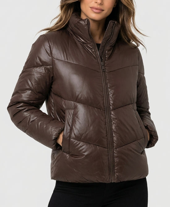 
Puffer Jacket w/ Faux Fur Trim & Hood in BROWN view 1