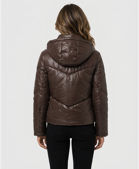 
Puffer Jacket w/ Faux Fur Trim & Hood in BROWN view 2