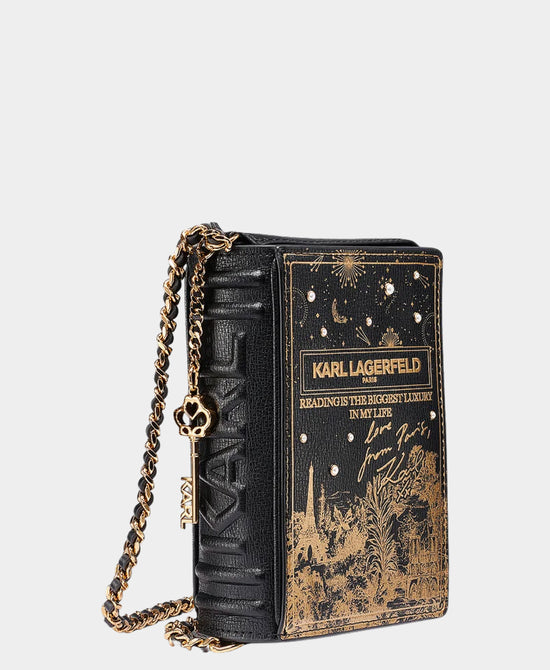 
Leather Printed Book Crossbody Bag w/ Key Charm & Pearls in BLACK/GOLD view 1