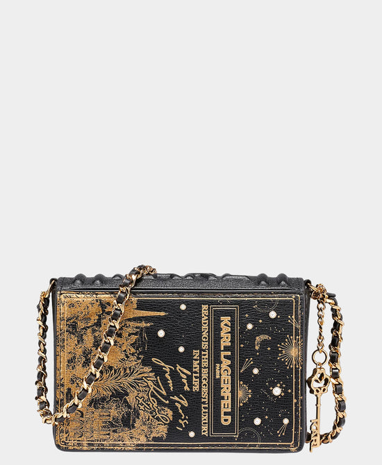 
Leather Printed Book Crossbody Bag w/ Key Charm & Pearls in BLACK/GOLD view 2