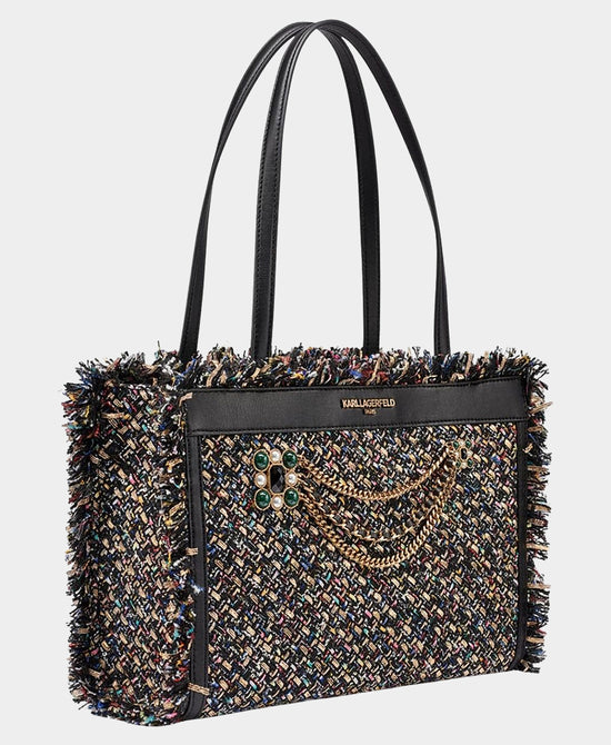 
Tweed Tote Bag w/ Chain & Crystal Detail in BLACK MULTI view 2