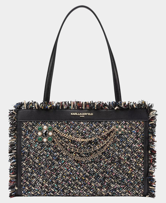 
Tweed Tote Bag w/ Chain & Crystal Detail in BLACK MULTI view 1