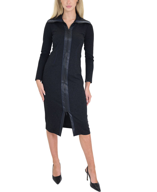 Zip Up Knit Dress w/ Faux Leather Trim view 