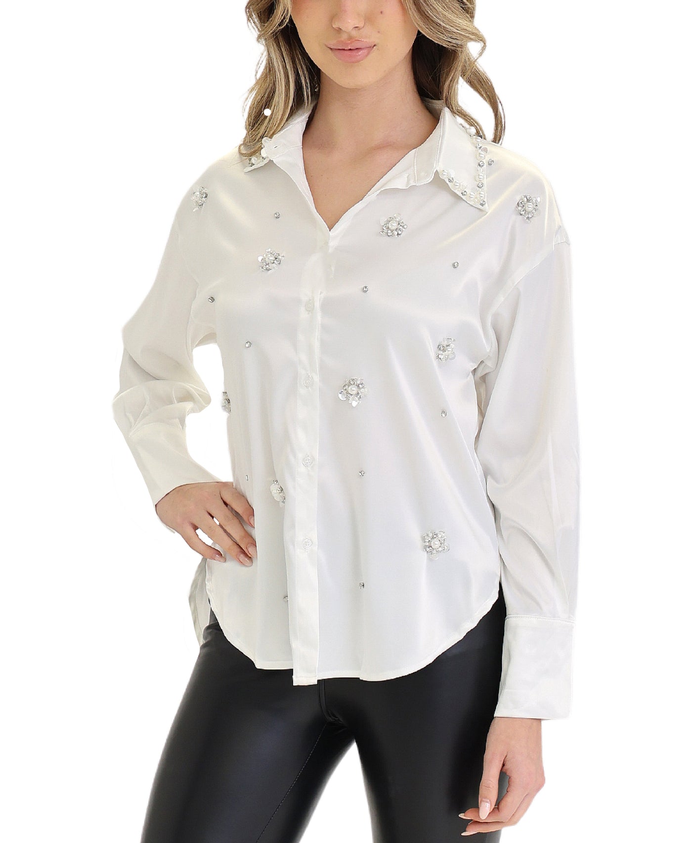 Satin Blouse w/ Sequin & Pearls view 1