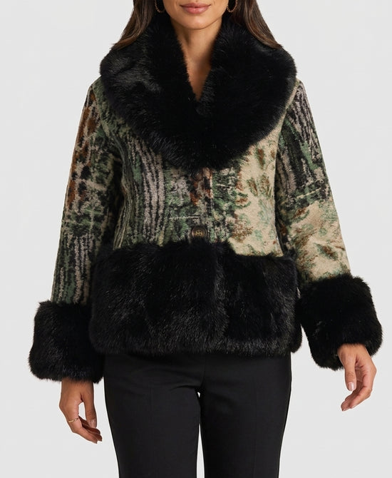
Printed Jacket w/ Faux Fur Trim in BLACK MULTI view 1