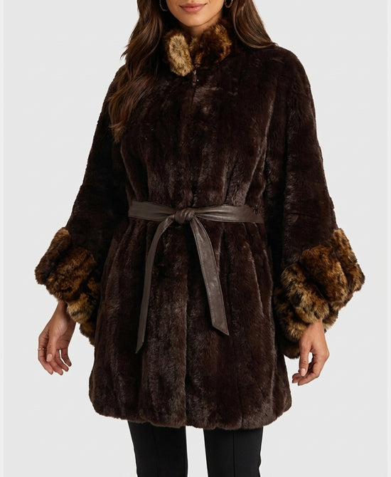 
Faux Fur Cape w/ Belt in BROWN view 1