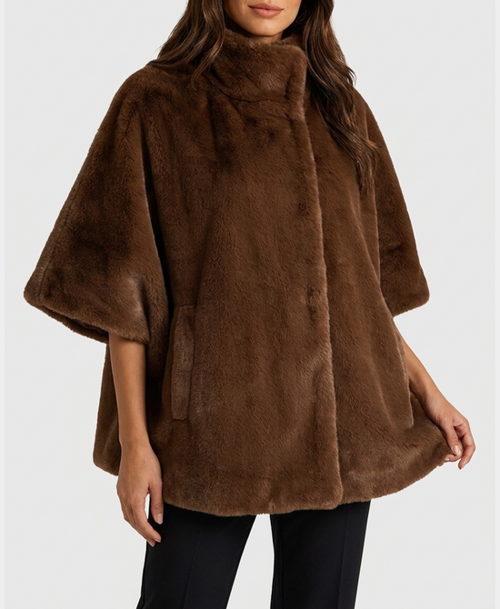 
Faux Fur Cape w/ Croc Print Pocket Detail in BROWN view 1
