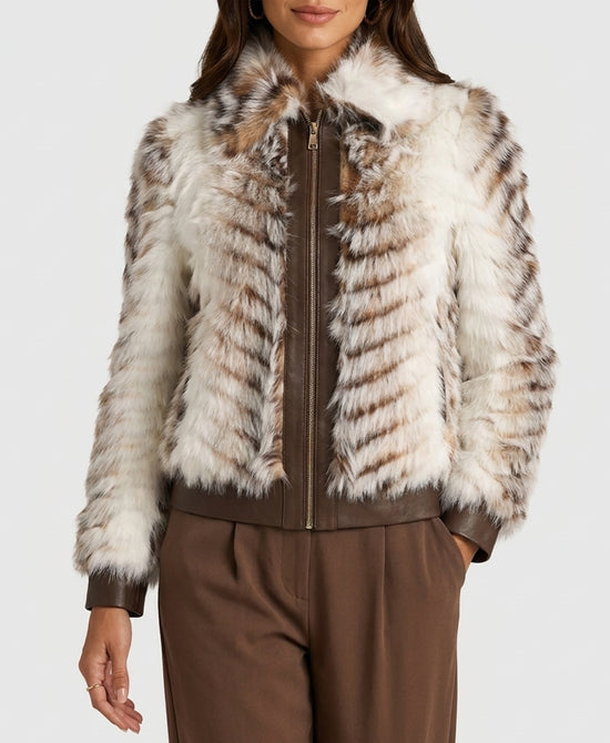 
Faux Fur Jacket w/ Faux Leather Trim in BROWN/WHITE view 1