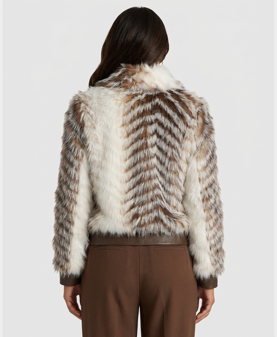 
Faux Fur Jacket w/ Faux Leather Trim in BROWN/WHITE view 2