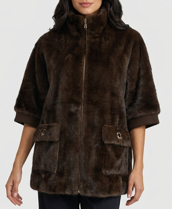 
Faux Fur Cape w/ Jewel Pocket Detail in BROWN view 1