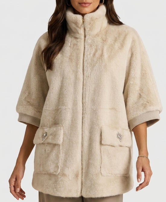 
Faux Fur Cape w/ Jewel Pocket Detail in CREAM view 1