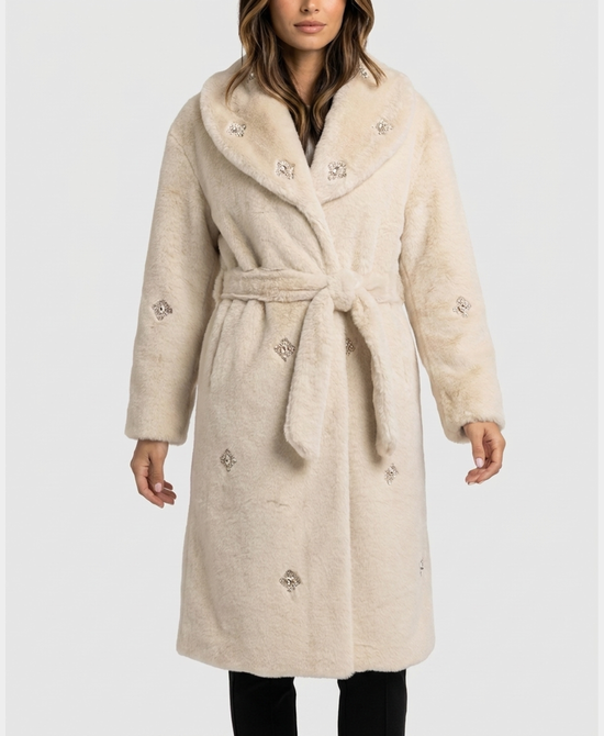 
Faux Fur Coat w/ Jewels in CREAM view 1
