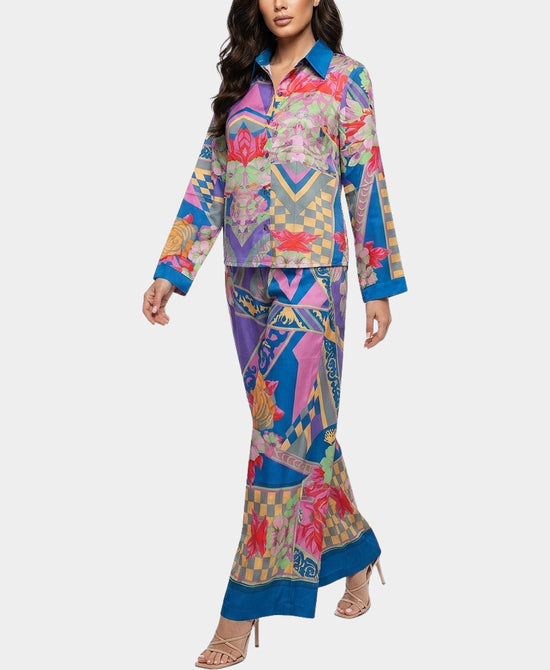 
Mixed Print Blouse & Pants Set- 2 Pc Set in BLUE MULTI view 1