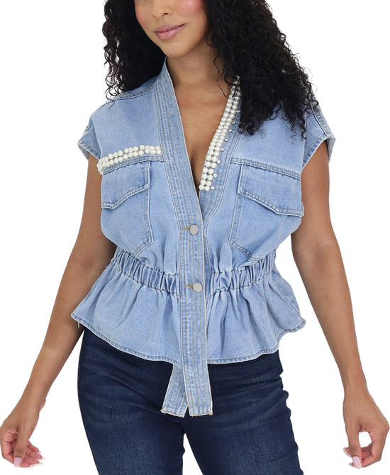 Denim Vest w/ Pearls view 