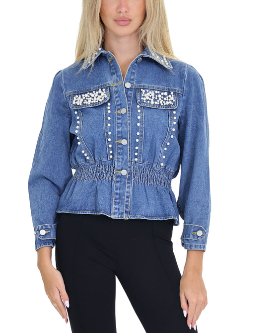 Peplum Denim Jacket w/ Pearls view 