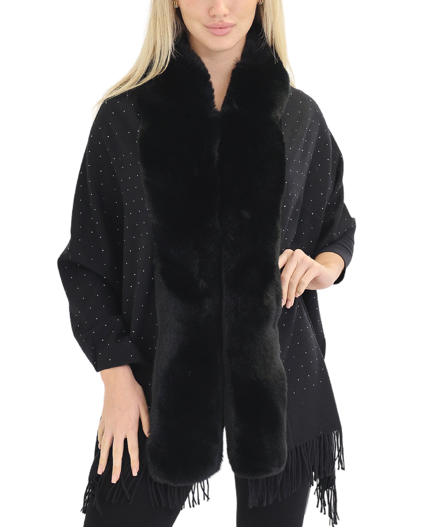 Faux Fur Trim Poncho with Studs view 1